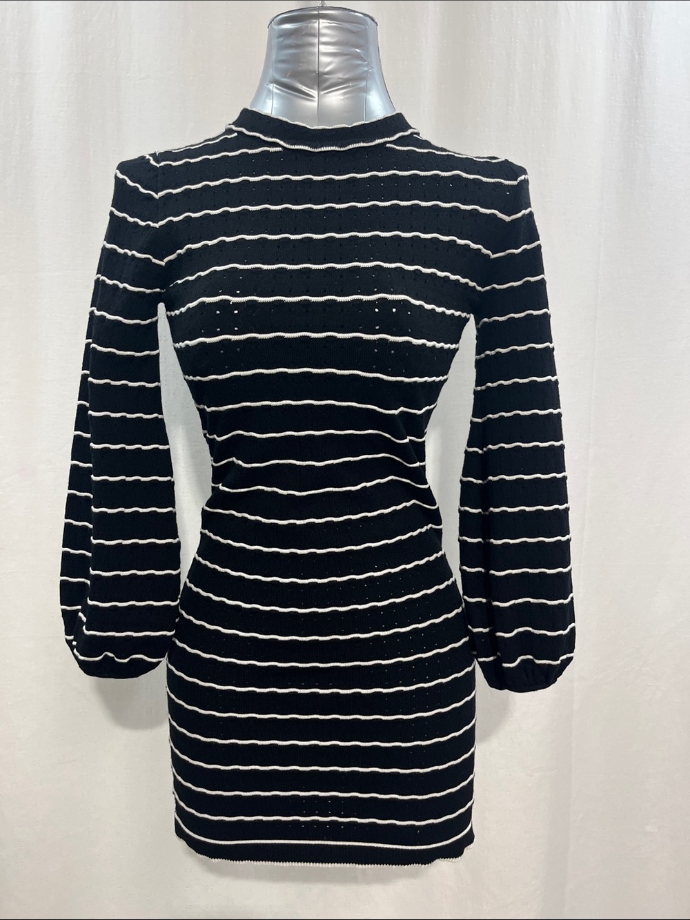 Kittenish Black and White Striped Long-Sleeve Knit Dress trendy chic party 1345